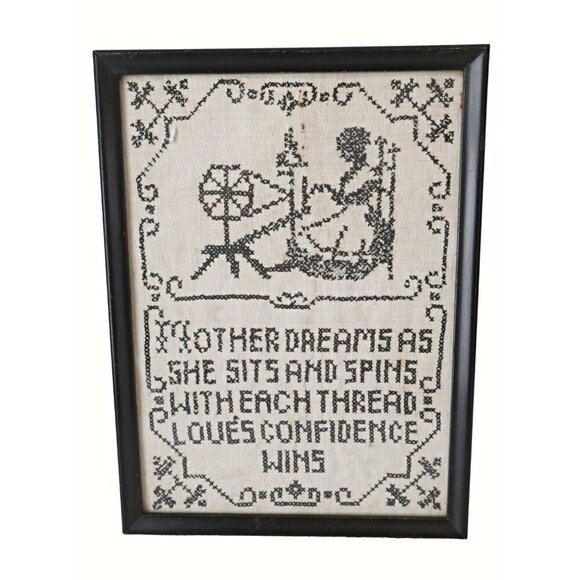 Vintage Cross Stitch Sampler Early 1900s "Mother's Dream" Poem Spinning Wheel - Picture 3 of 5